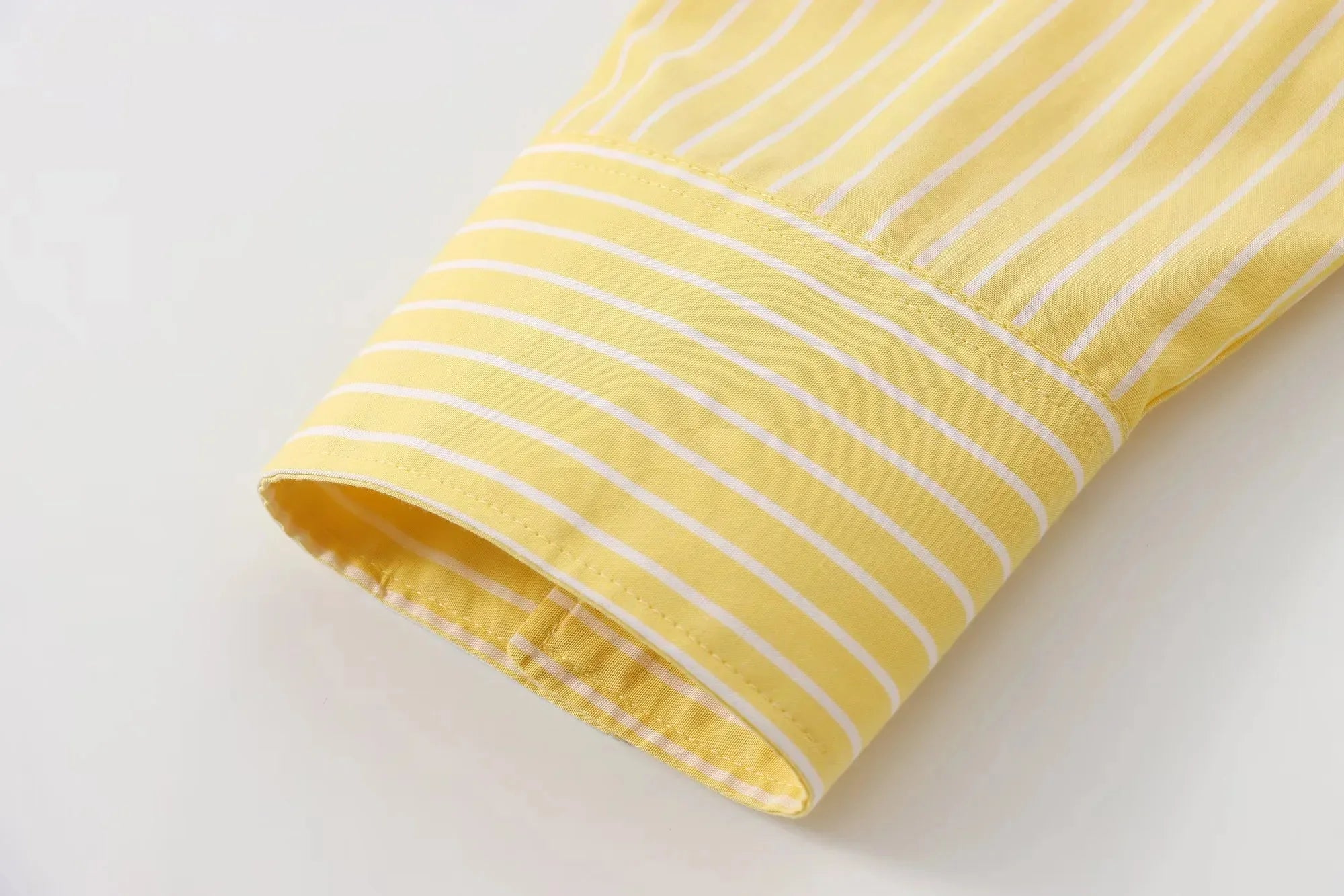 Casual Women Striped Butter Yellow Shirt Vintage Thin Fabric Turn-Down Collar Single Breasted Button-Up Top