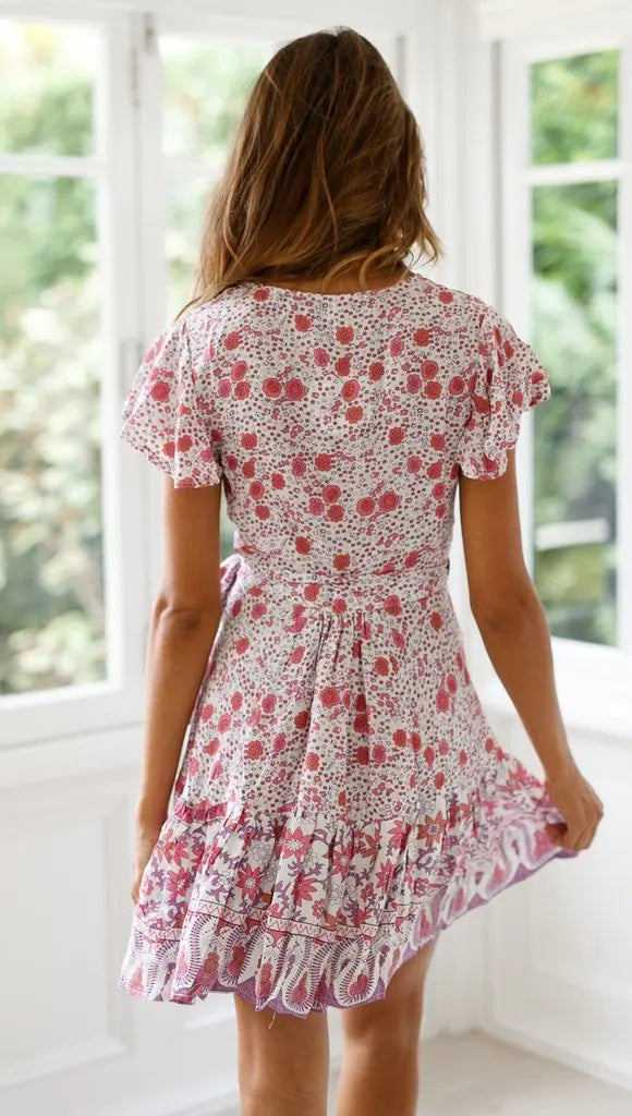 Bohemian Printed Dress With V Neck Lace Up Short Skirt