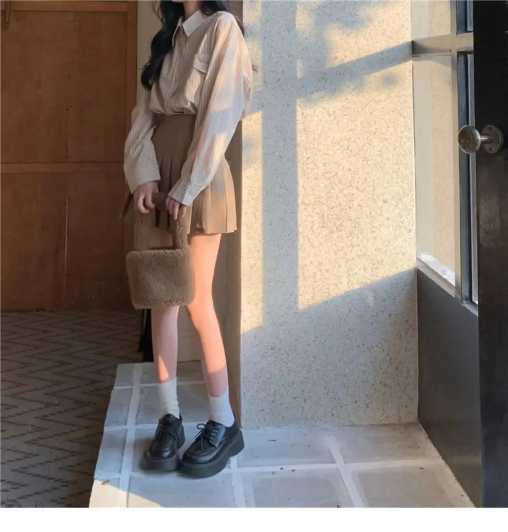 Loose Blue Striped Long Sleeve Blouse with Pocket Casual Versatile Shirt for Women