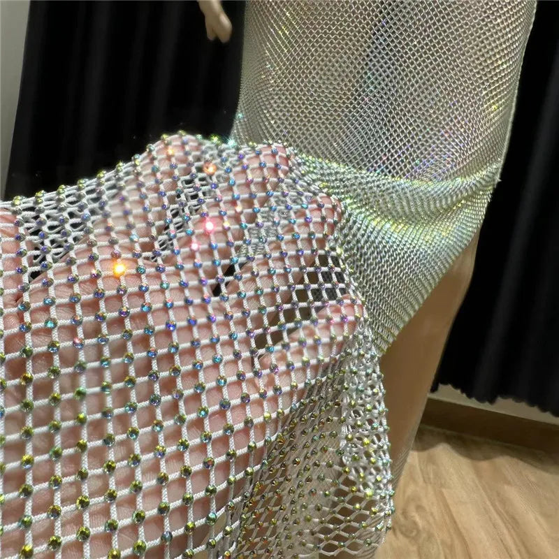 Rhinestone See Through Club Dress With Fishnet Details