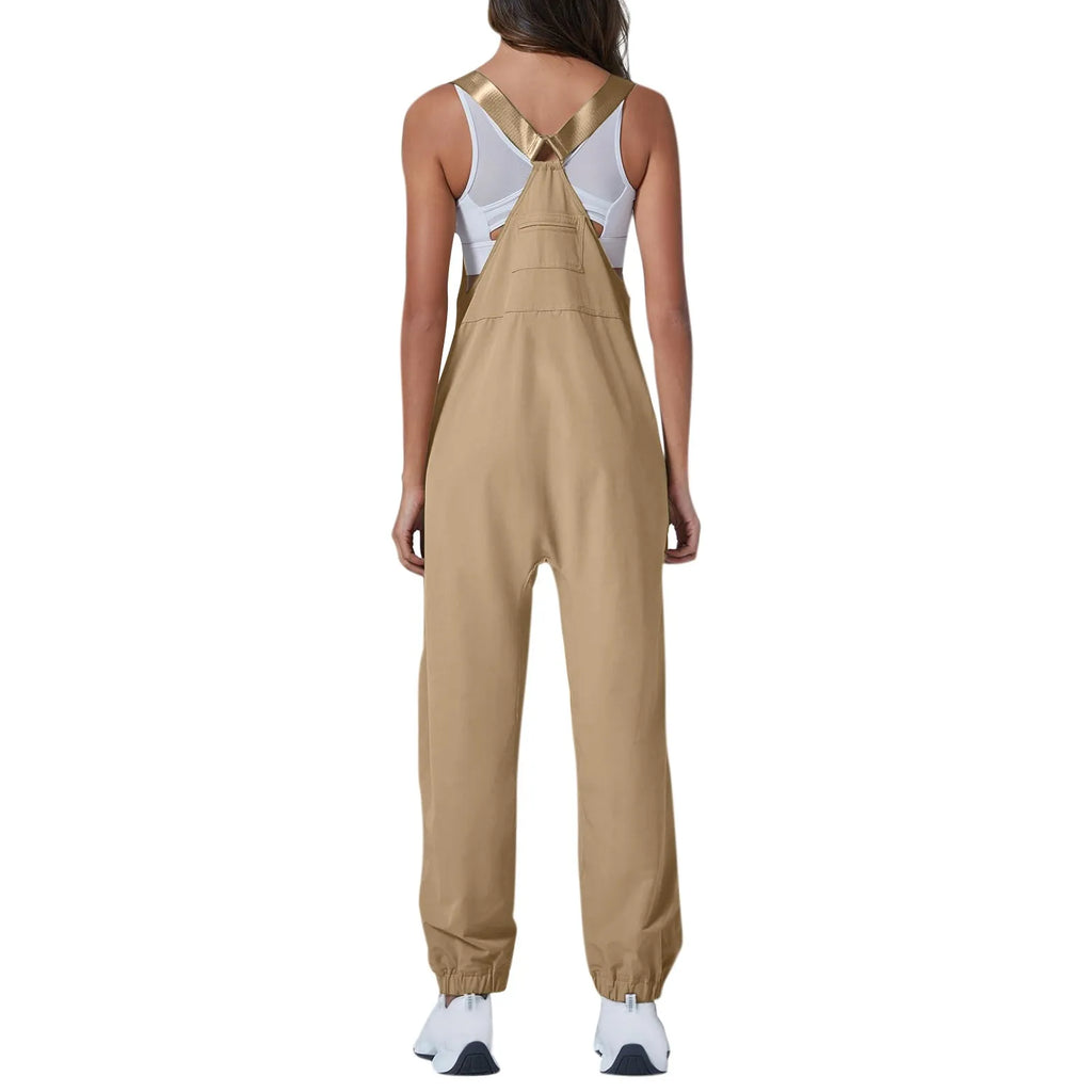 Women's Summer Casual Loose Wide Leg Jumpsuit with Adjustable Straps Pockets and Retro Button Detail Solid Color Sleeveless Overalls