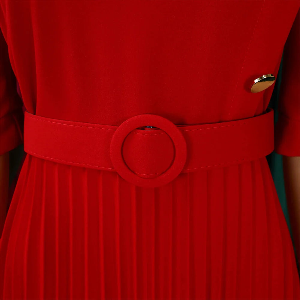 Elegant Pleated Dress for Women Formal Half Sleeve Belted