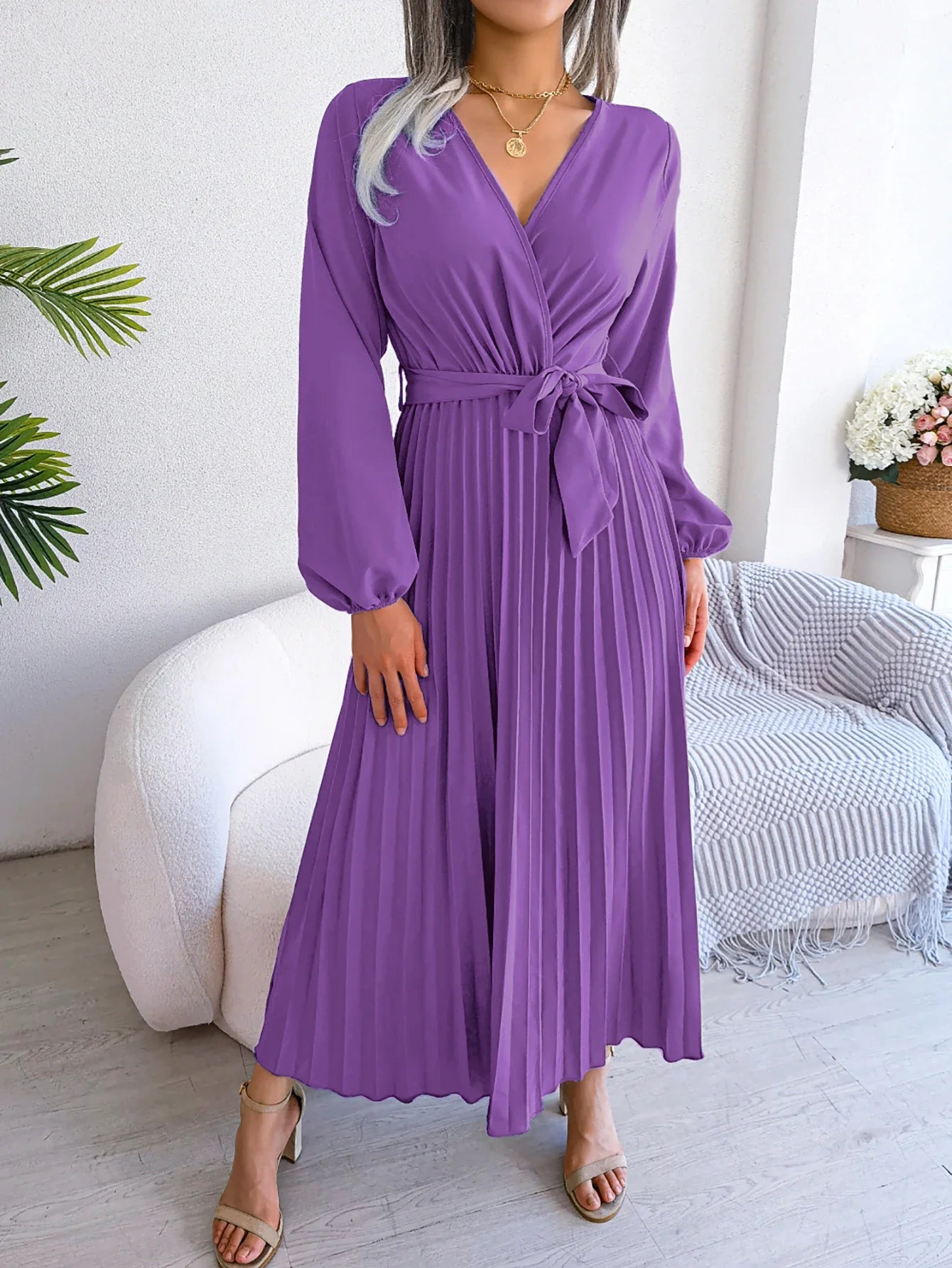 Elegant Surplice Neck Pleated Maxi Dress With Belt Flair