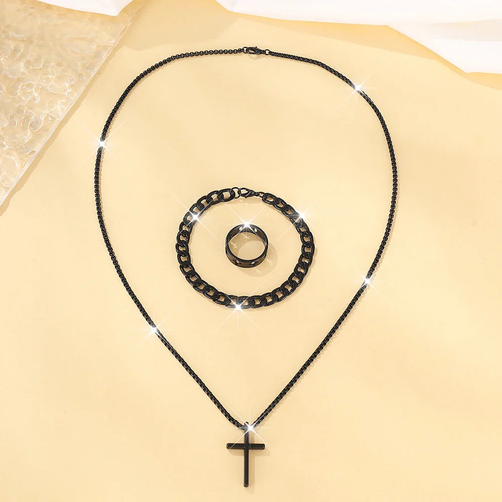 Men's Hip Hop Stainless Steel Cross Pendant Necklace Bracelet Ring Set