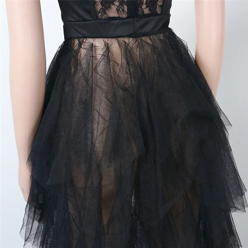 Cascading Ruffles Strapless Lace Maxi Dress Evening Gown