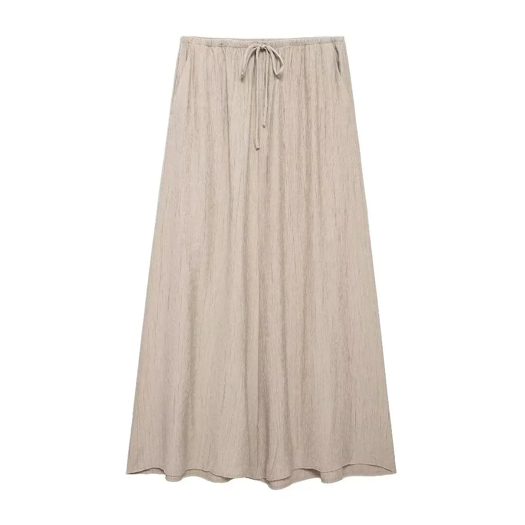 Women Textured Sleeveless Lace-Up Vest Top and High Waist Drawstring Skirt Set with Side Pockets