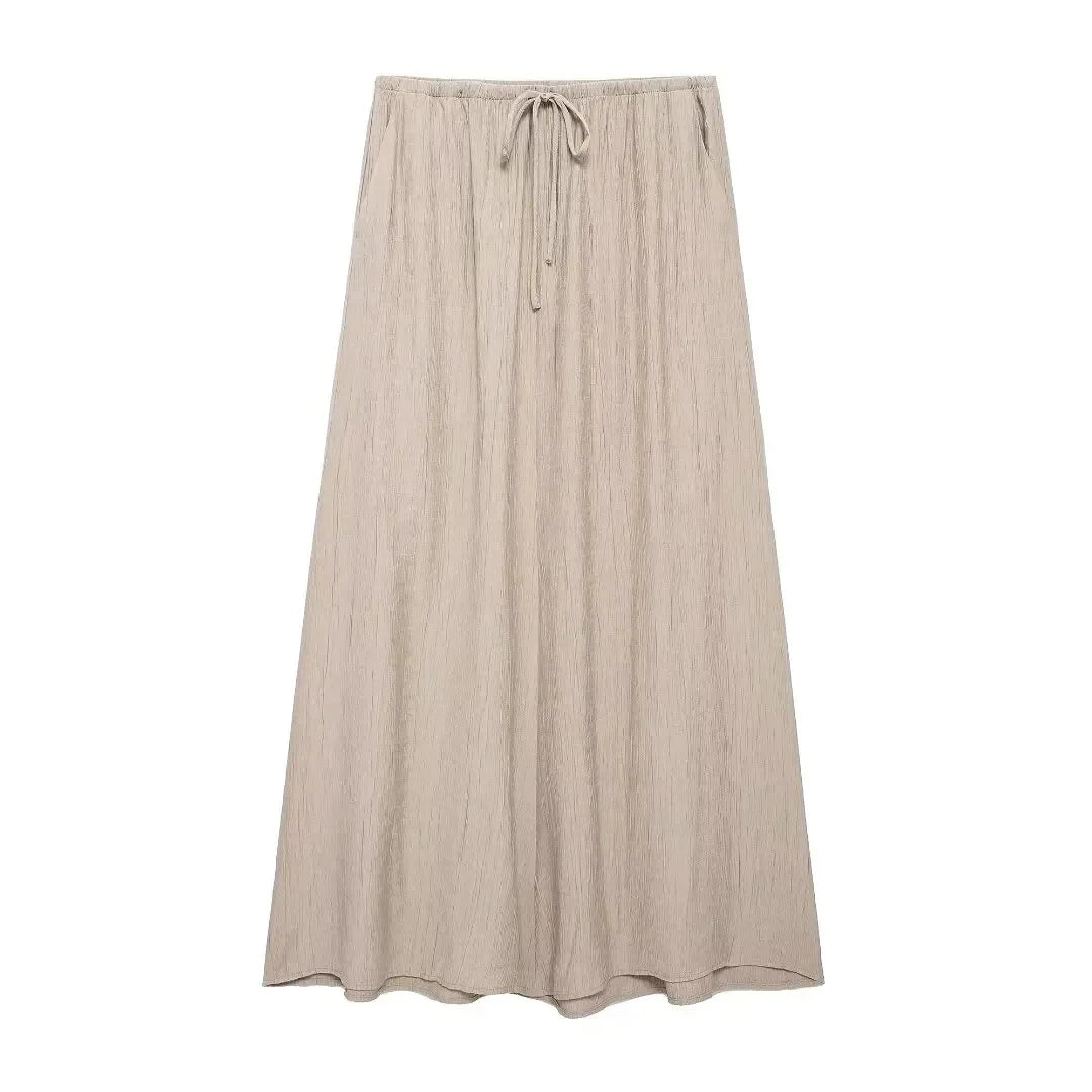 Women Textured Sleeveless Lace-Up Vest Top and High Waist Drawstring Skirt Set with Side Pockets