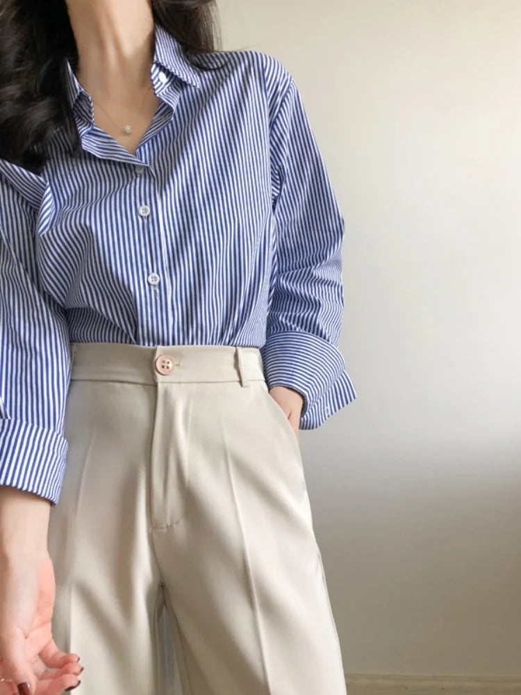 Women Long Sleeve Striped Blouse Casual Spring Autumn Shirt Lightweight Fashion Top for Ladies