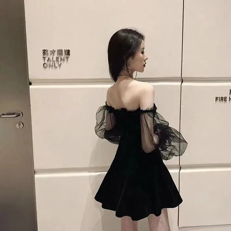 Black Tulle Off Shoulder Mini Dress Korean Style Chic