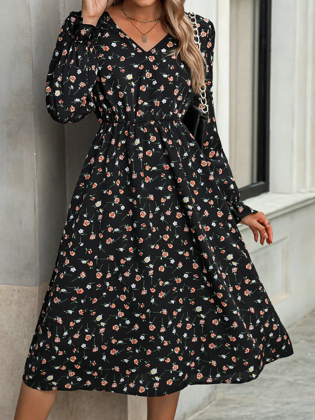 Floral V Neck Long Sleeve A Line Dress With Waistband