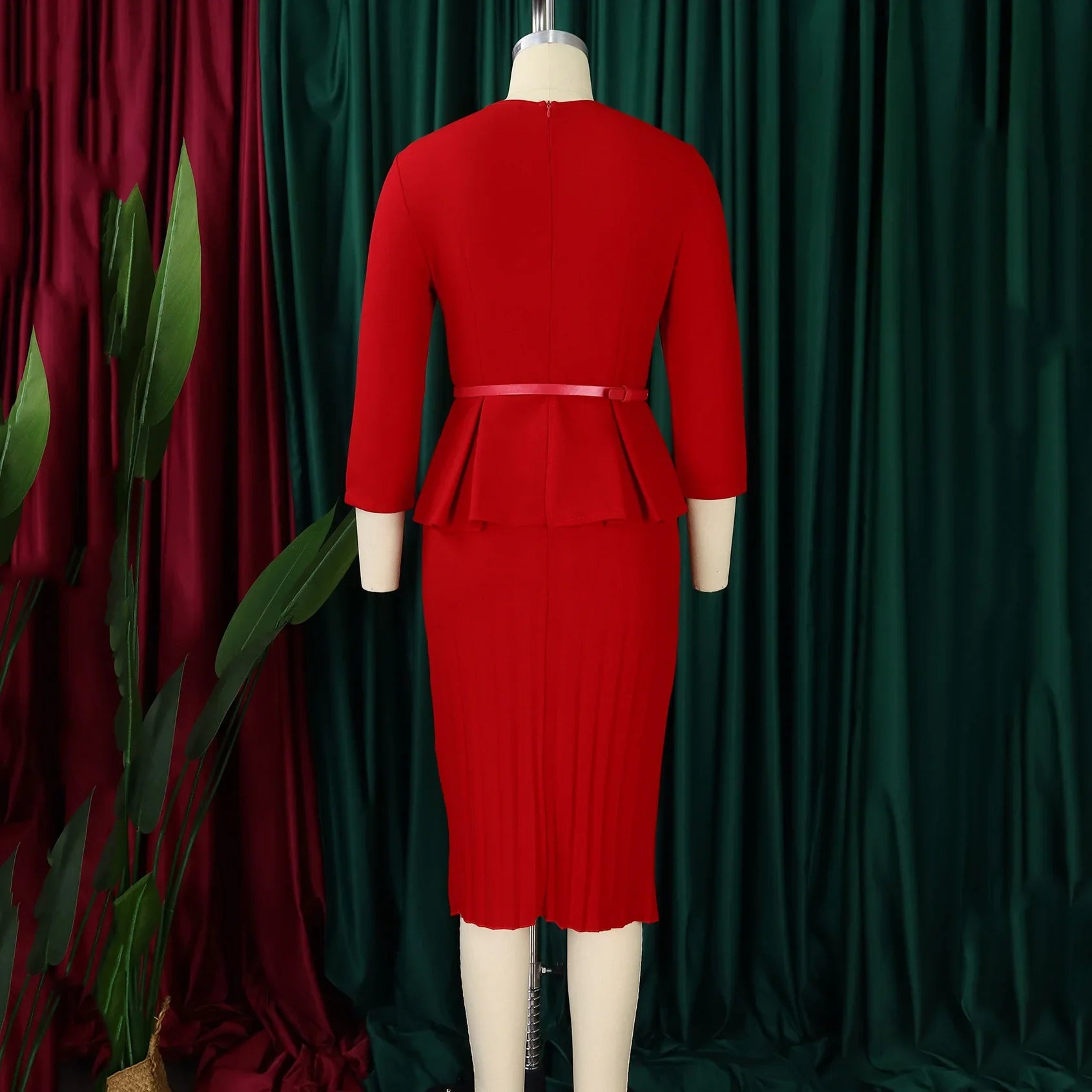 V Neck Office Sheath Dress For Women Belted Midi Style