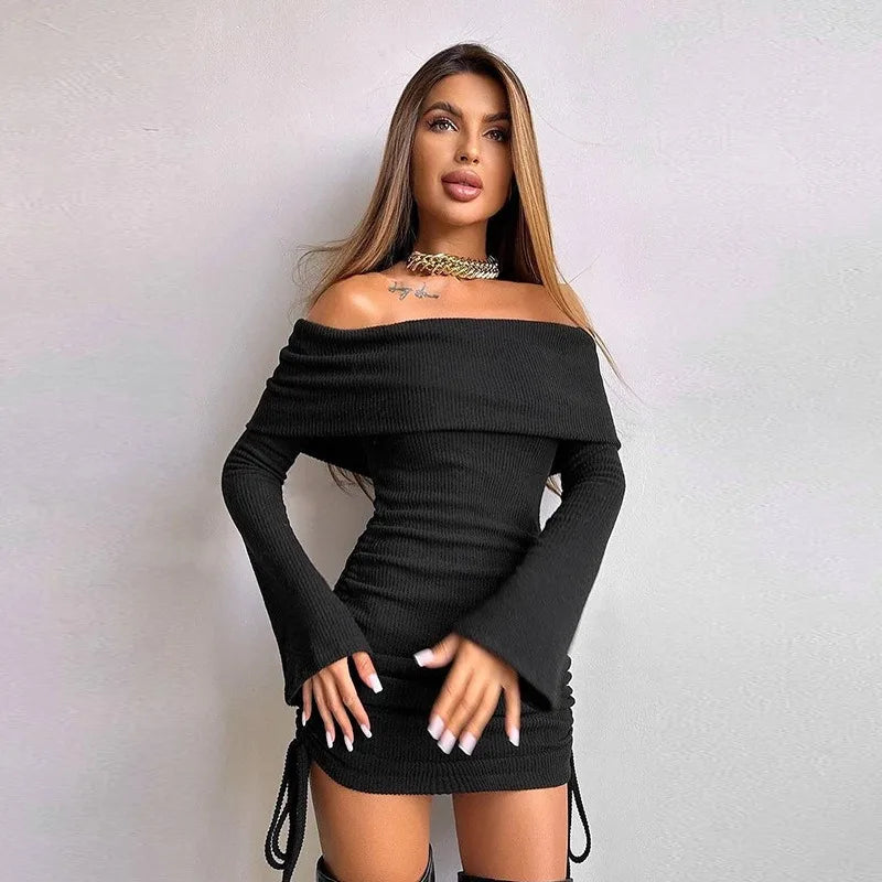 Black Lace Up Long Sleeve Knit Dress For Women Autumn