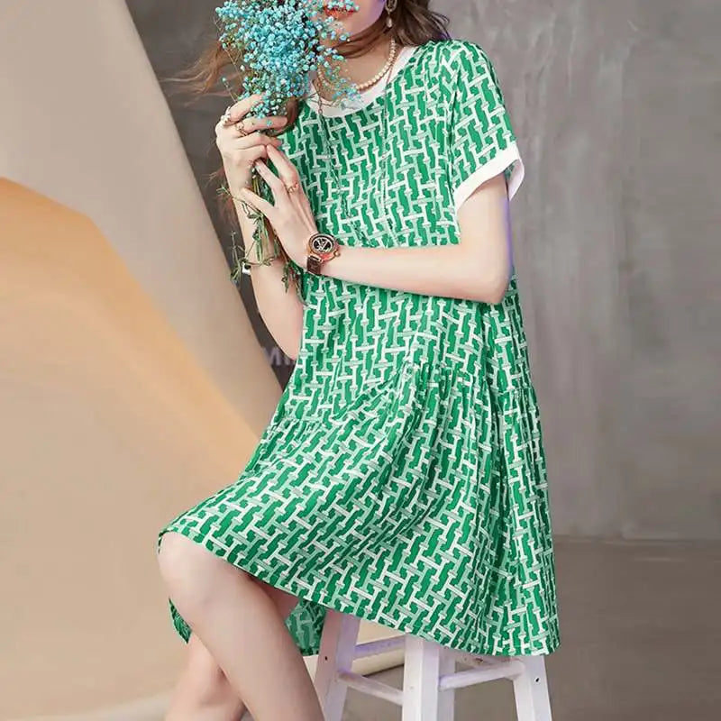 Boho Printed Sundress Knee Length Short Sleeve Dress