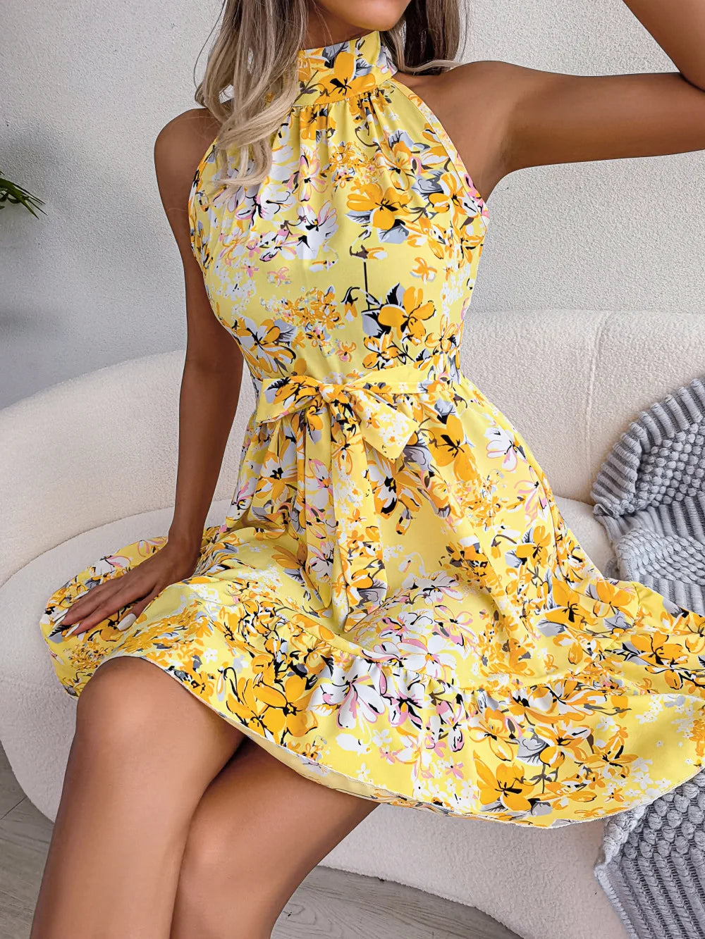 Floral Halter Neck A Line Dress With Lace Up Ruffles Spring
