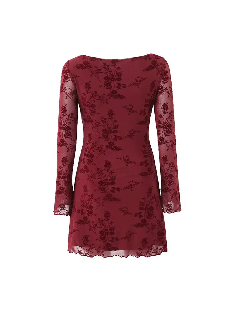 Retro Flocked Print High Waist Long Sleeve Dress Slim Fit