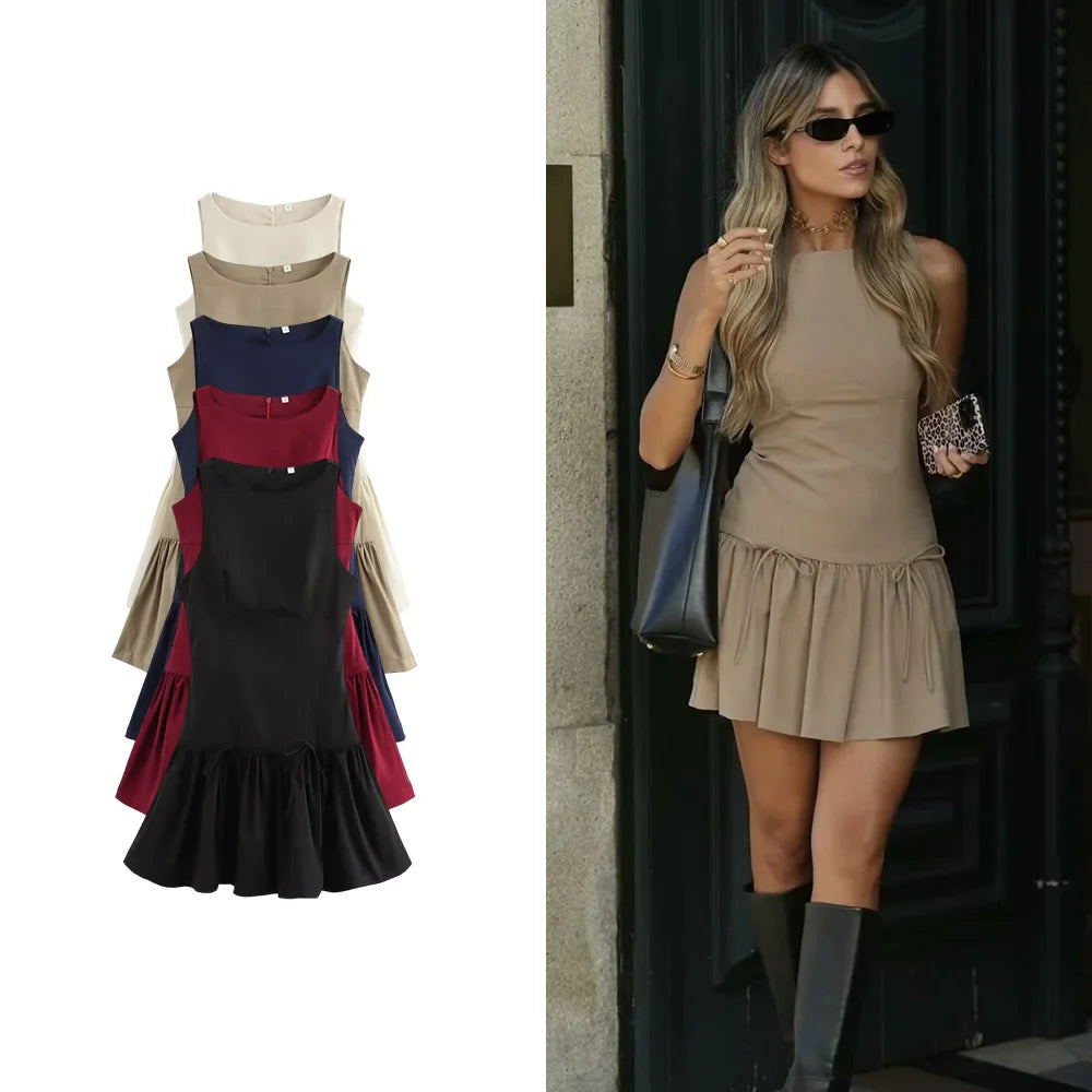 Bow Embellished Sleeveless Pleated Patchwork Dress Women