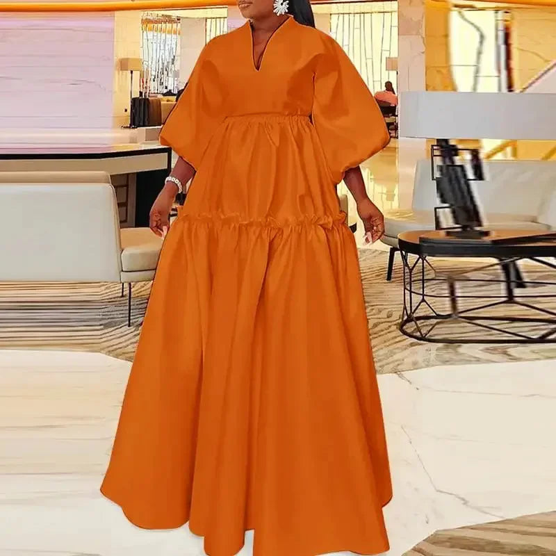 Womens V Neck Long Dress Solid Color Summer Loose Fit