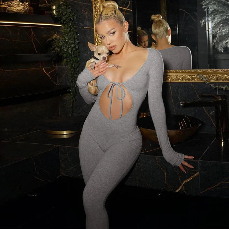 Solid V Neck Long Sleeve Hollow Out Lace Up Sexy Bodycon Jumpsuit Women's Fashion Streetwear Sporty Romper Overalls for Fall