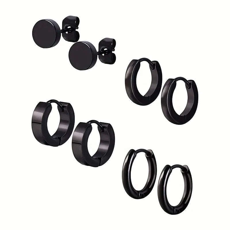 Stylish Men's Earring Set - 4 Pairs of Black Stainless Steel Studs and Hoops, Durable and Allergy-Free