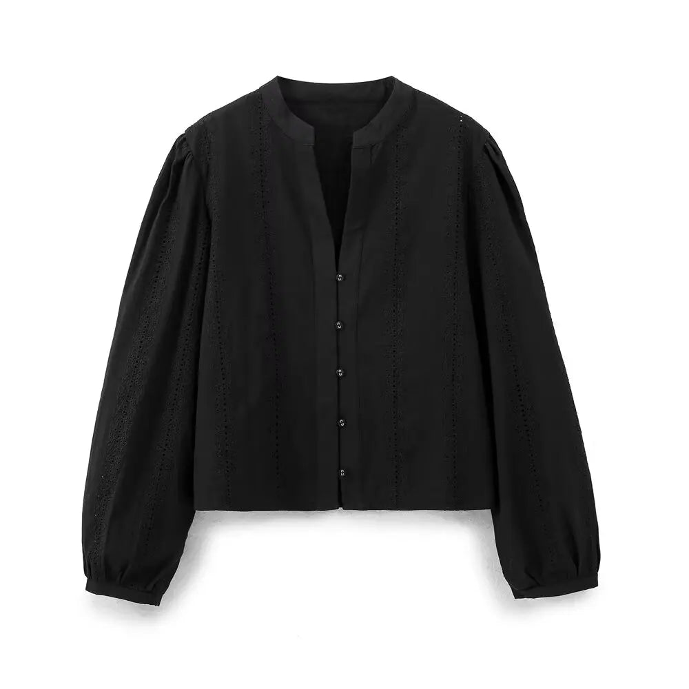 Womens Retro Casual Cotton Shirt Long Sleeve Embroidered Hollow Round Neck Lapel Top for Autumn