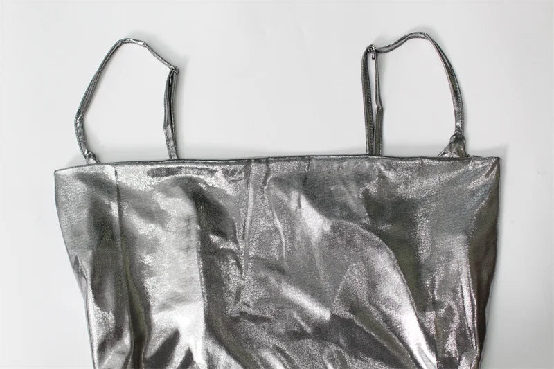 Silver Spaghetti Strap Backless Clubwear Dress High Split