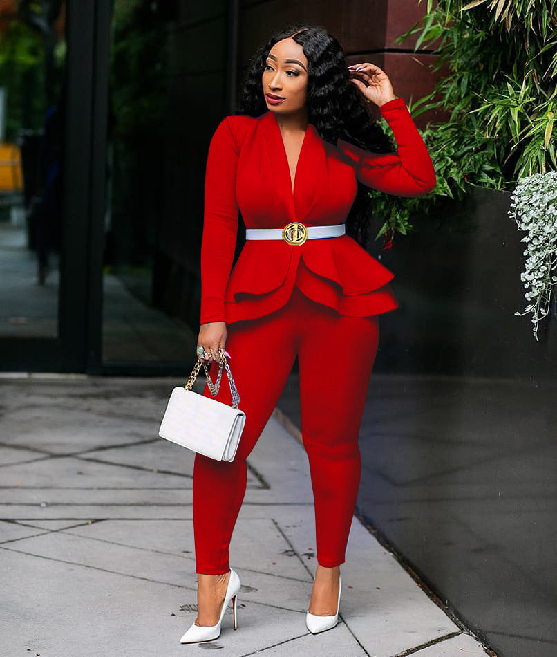 Women Winter Two Piece Tracksuit Set with Ruffled Blazer and Pencil Pants for Office Wear