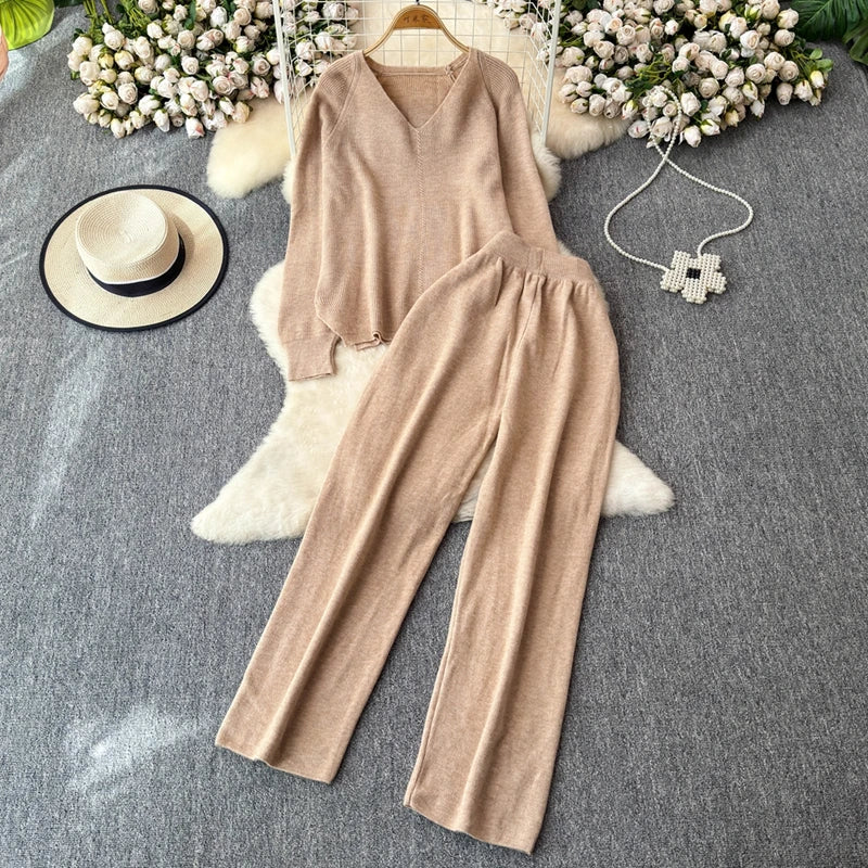 Knitted V-Neck Sweater and Straight Jogging Pants Women's Tracksuit Set