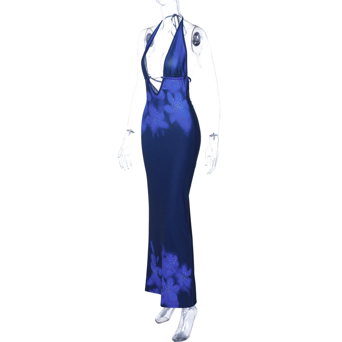 Halter Backless Patchwork Flower Print Maxi Dress Elegant