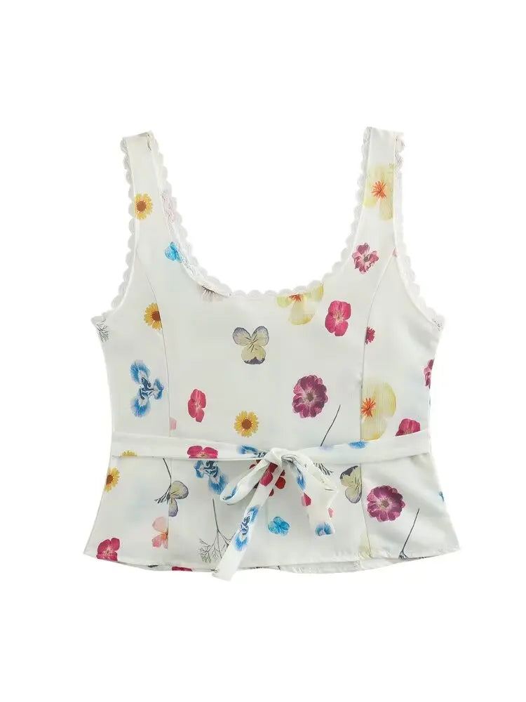 Women's Square Collar Lace-Up Slim Fit Top and Single Breasted A-Line Midi Skirt Two-Piece Set with Feminine Print