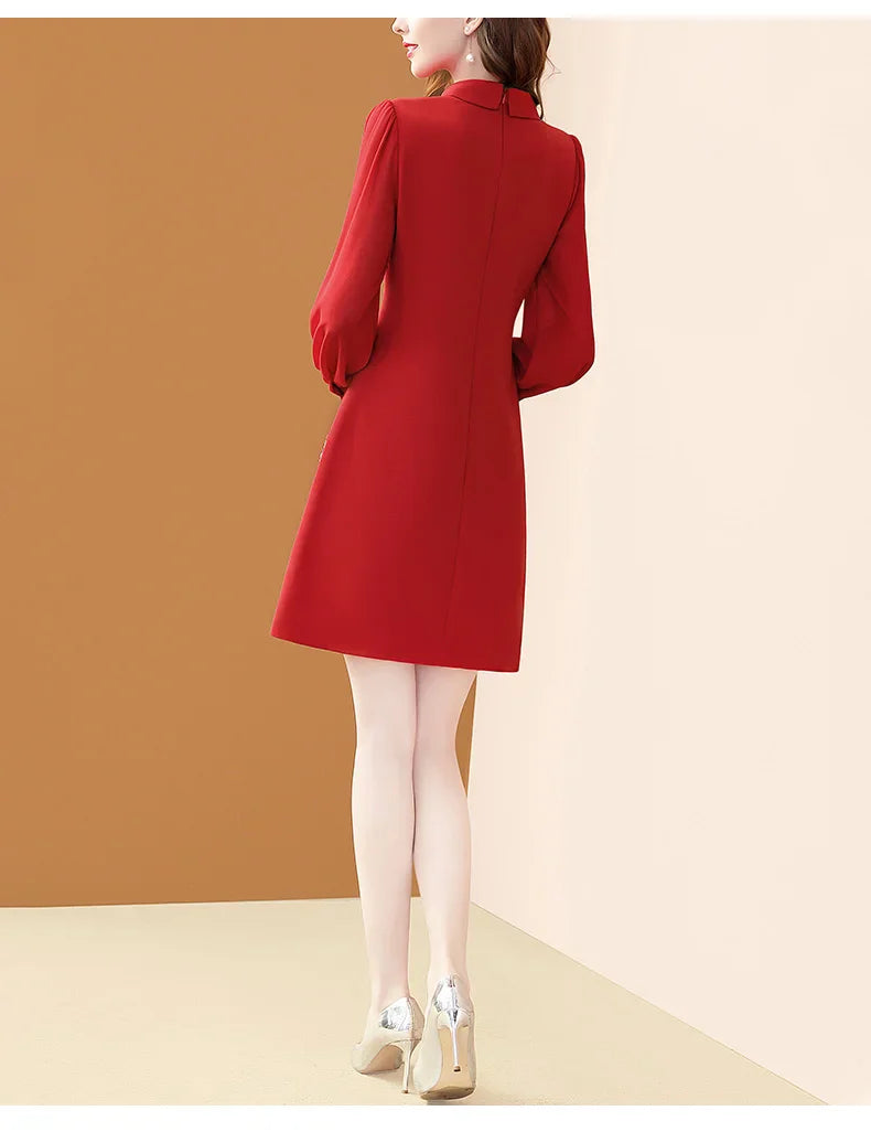 Floral Embroidery Chiffon Dress With Polo Collar For Office