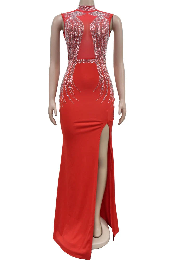 Crystal Mesh Maxi Dress High Split Sleeveless Bodycon