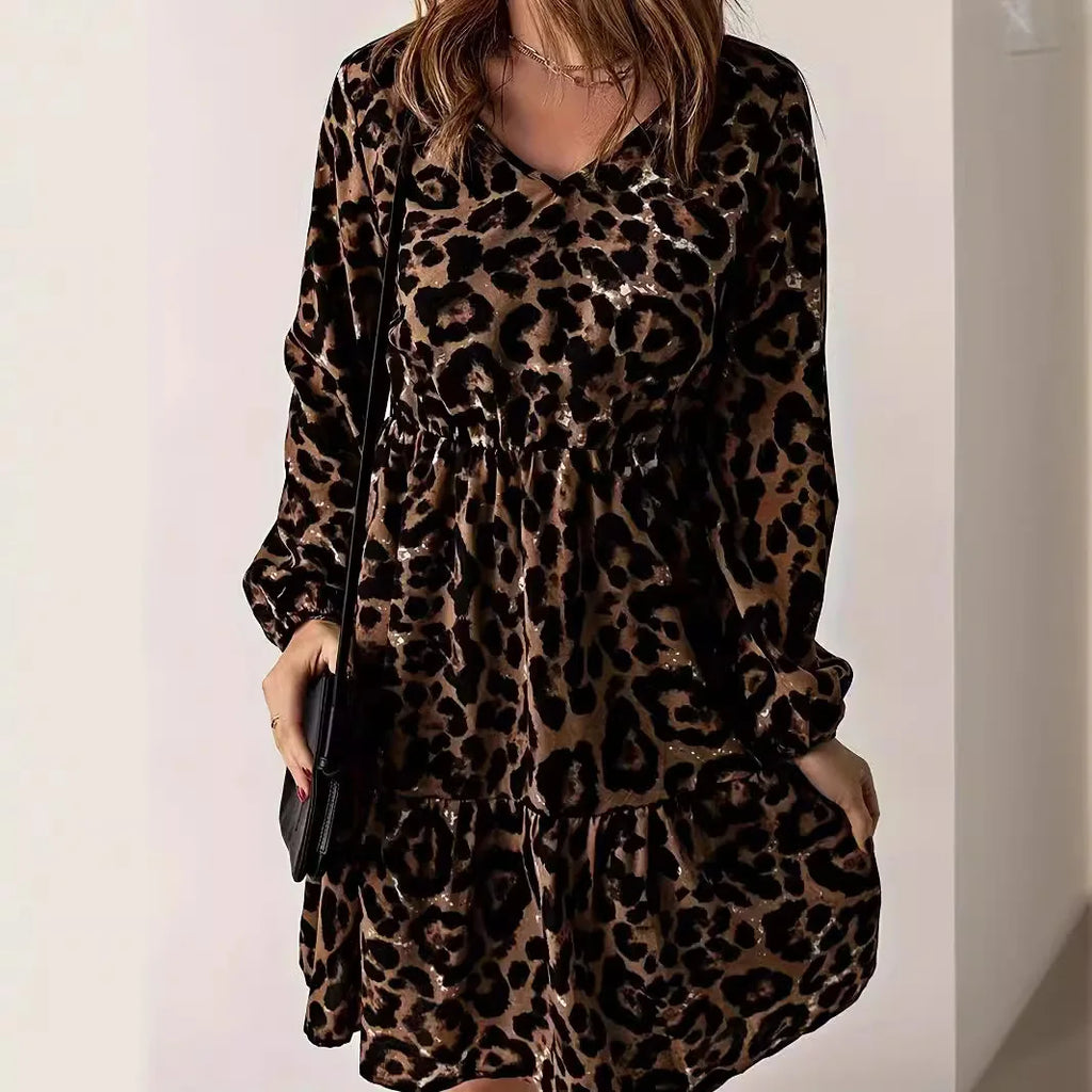 Leopard Print Long Sleeve Dress with V Neck Knee Length