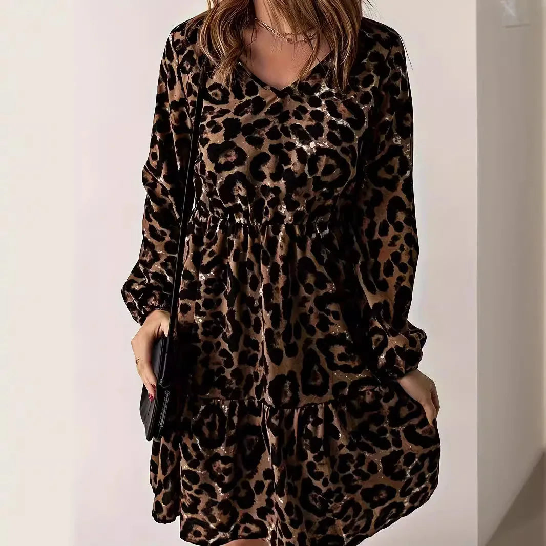 Leopard Print Long Sleeve Dress with V Neck Knee Length
