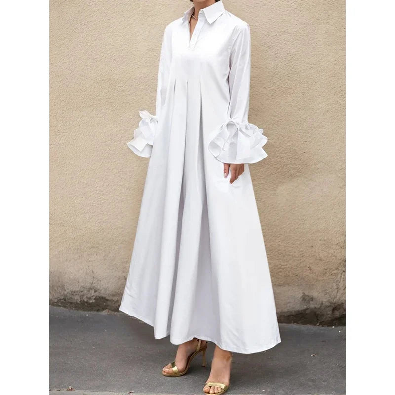 Church Maxi Dress With Pleated Lapel And Flared Sleeves