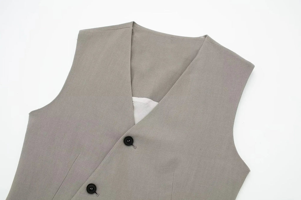 Women's Solid Grey Two Piece Set with Sleeveless Asymmetrical Vest and High Waist Wide Leg Trousers Casual Outfit