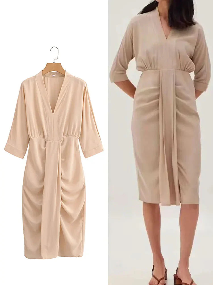 Women Elegant Solid Waist Draped V Neck Evening Dress