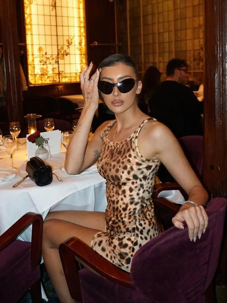 Leopard Print Mini Bodycon Dress Sleeveless Summer Party