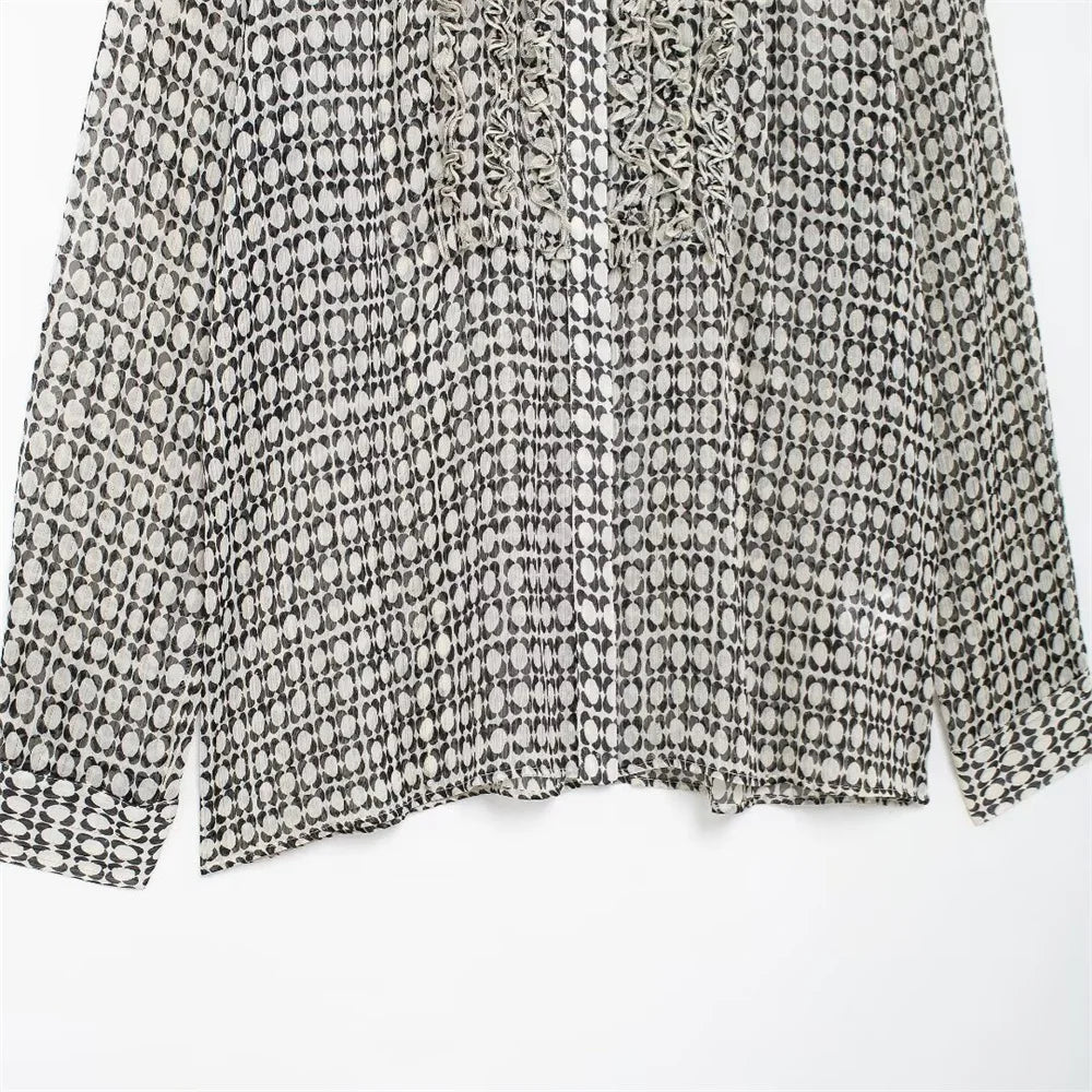 Women's Versatile Long Sleeve Printed Shirt with Decorative Chest Stacking and Casual Collar for Autumn Fashion and Leisure Wear