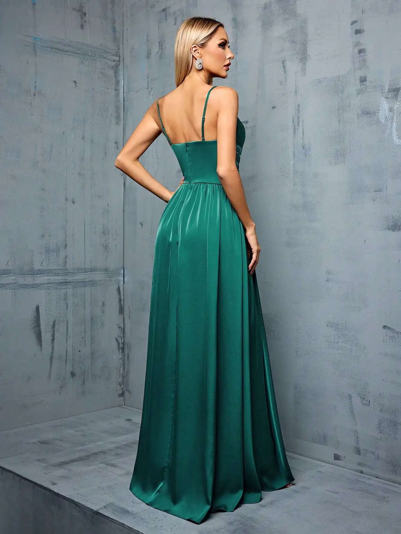 Sequin Deep V Neck Prom Dress With Pleated Bust And Slit