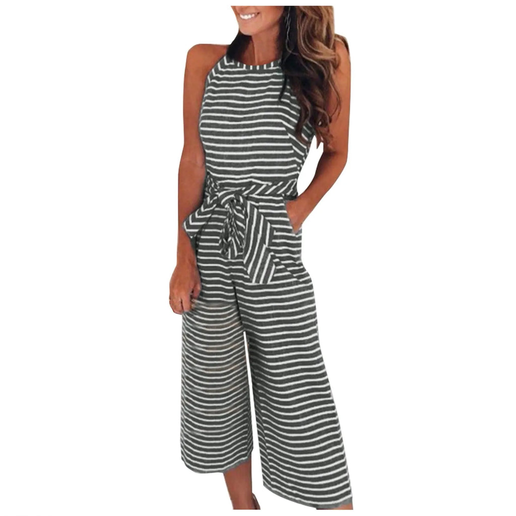 Elegant Sleeveless Striped Jumpsuit for Women Wide Leg Belted Romper Loose Fit Overalls Trousers