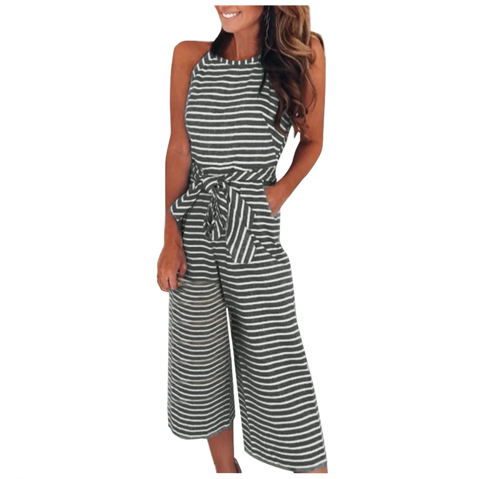 Elegant Sleeveless Striped Jumpsuit for Women Wide Leg Belted Romper Loose Fit Overalls Trousers