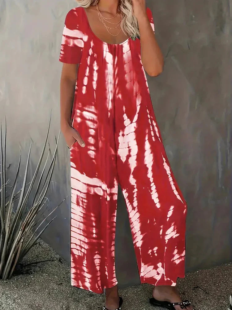 Plus Size Women Summer Jumpsuit Allover Print Wide Leg Short Sleeve Round Neck Relaxed Fit with Pockets Comfortable Casual Outfit