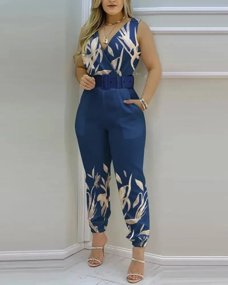 Summer V-Neck Backless Printed High Waist Jumpsuit for Women Sexy Bodysuit Overalls Streetwear Elegant Fit