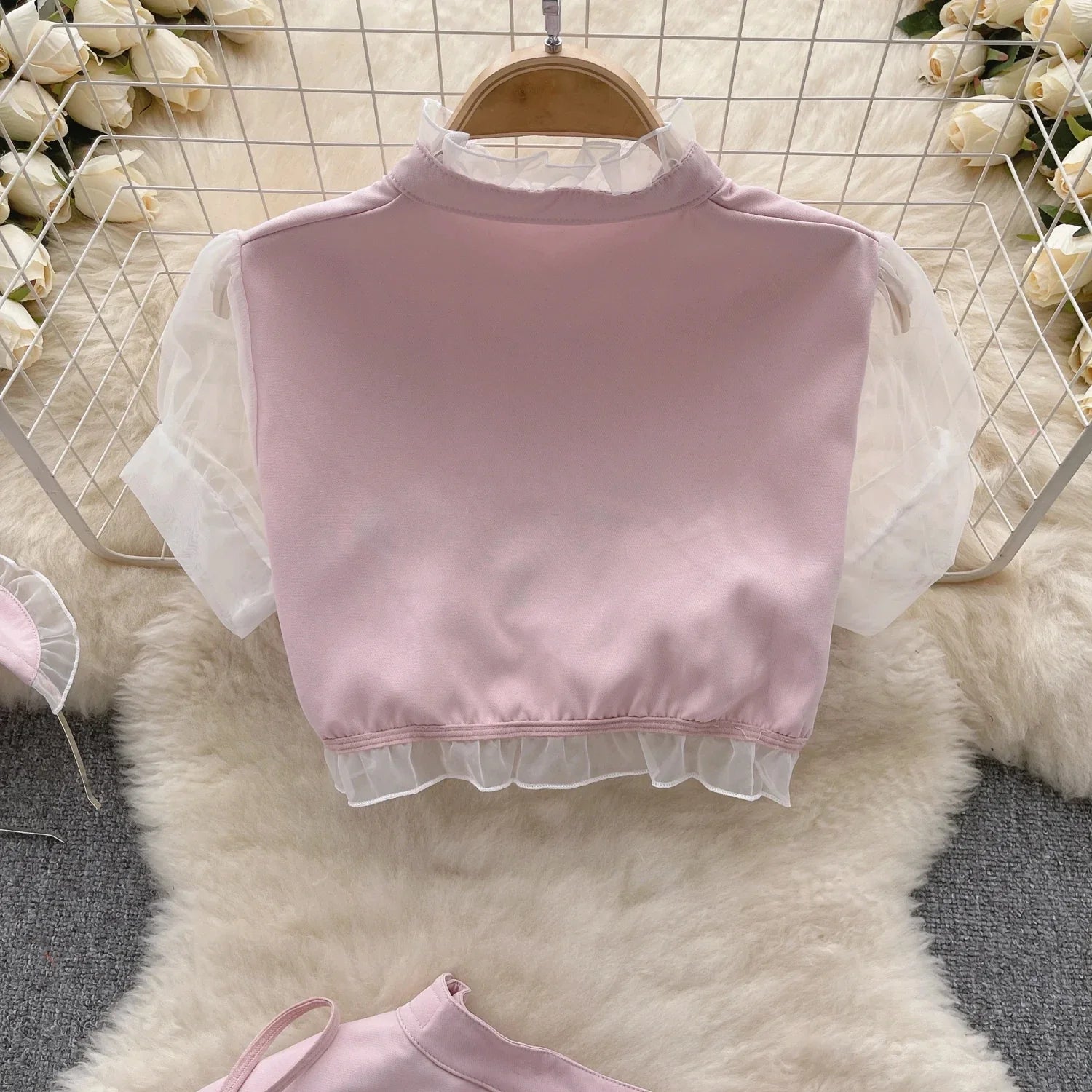 Sexy Nurse Cosplay Uniform Two-Piece Set with High Waisted Ruffled Skirt and Bubble Sleeve Short Top Cute and Flirty Costume