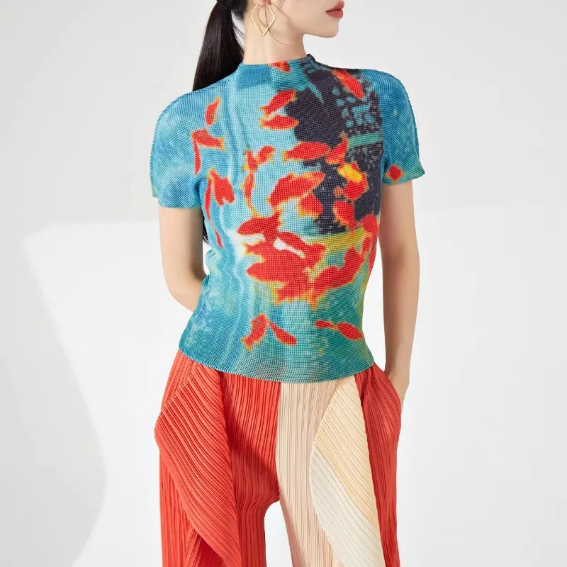 Vintage Fish Print Turtleneck Y2K Women Tees Summer Slim Fit Tops