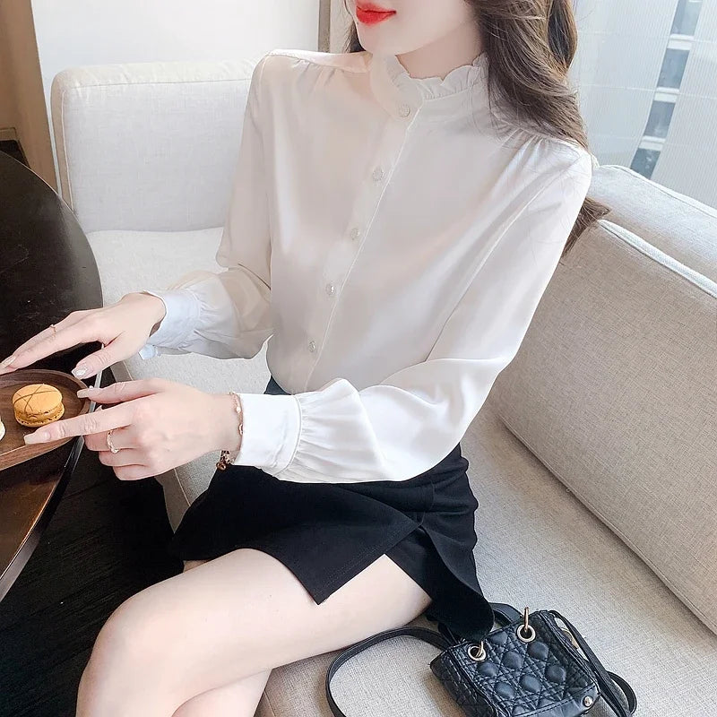 Women's Elegant Long Sleeve Chiffon Blouse with Stand Collar Lightweight White Shirt Top