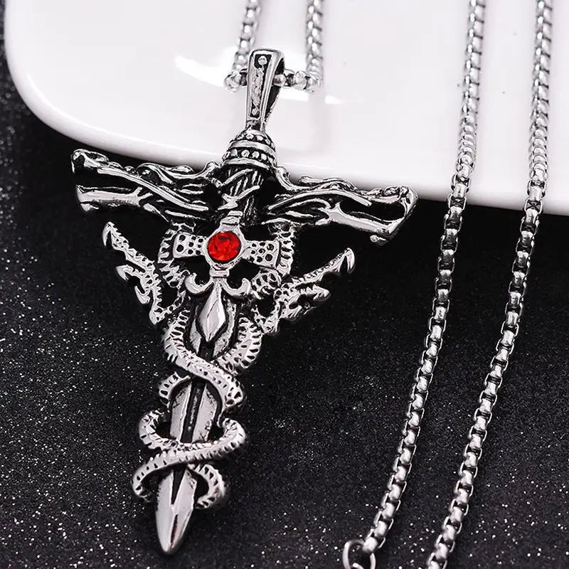 Punk Fashion Titanium Steel Necklace with Double Dragon Sword Pendant and Evil Eye Cross for Men