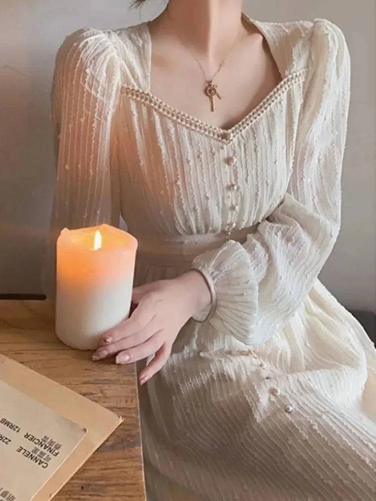 Elegant White Midi Dress For Women Vintage Princess Style