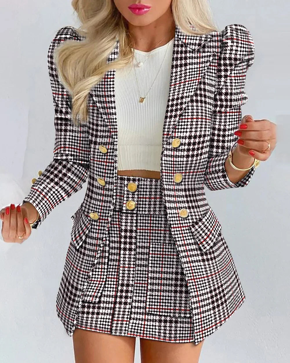 Elegant Plaid Two-Piece Mini Dress Set for Women Casual Chic Skirt and Jacket Outfit Spring Autumn Fashion