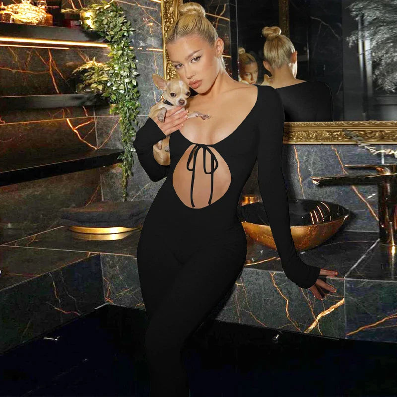 Solid V Neck Long Sleeve Hollow Out Lace Up Sexy Bodycon Jumpsuit Women's Fashion Streetwear Sporty Romper Overalls for Fall